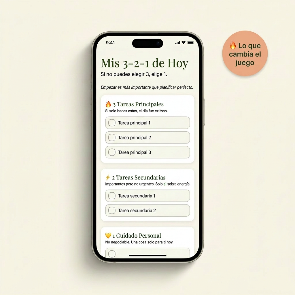 Mockup del Sistema 3-2-1: prioriza tu día sin abrumarte