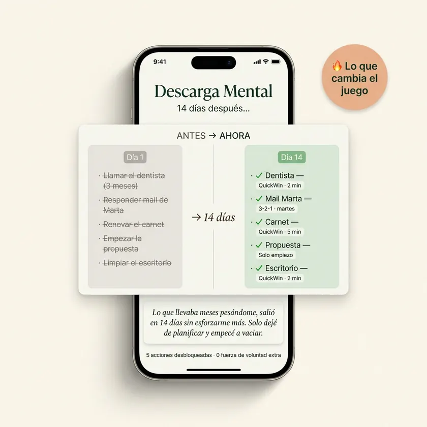 Mockup de la función Descarga Mental: transformación en 21 días