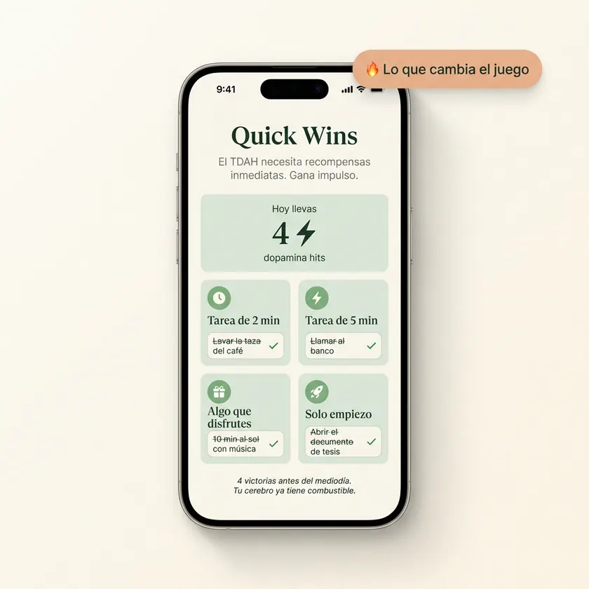 Mockup de Quick Wins: micro-victorias y hits de dopamina